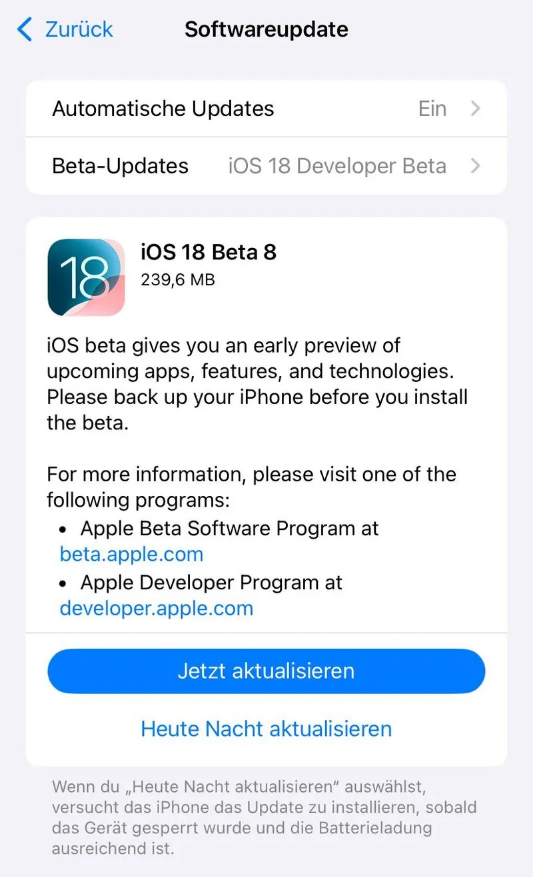 德州苹果手机维修分享苹果 iOS / iPadOS 18 开发者预览版 Beta 8 发布 